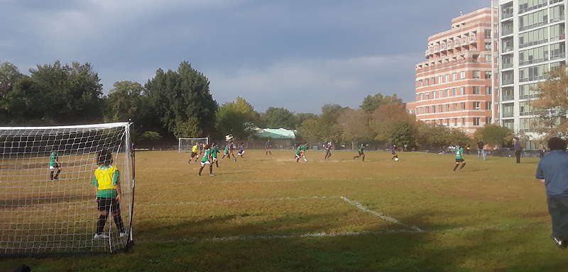 Middle school soccer players on field